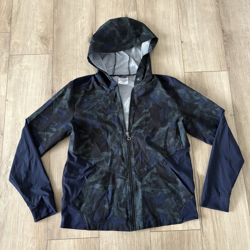 Zyia Active Women's Performance Windbreaker Hooded Green Camo Full Zip Jacket M